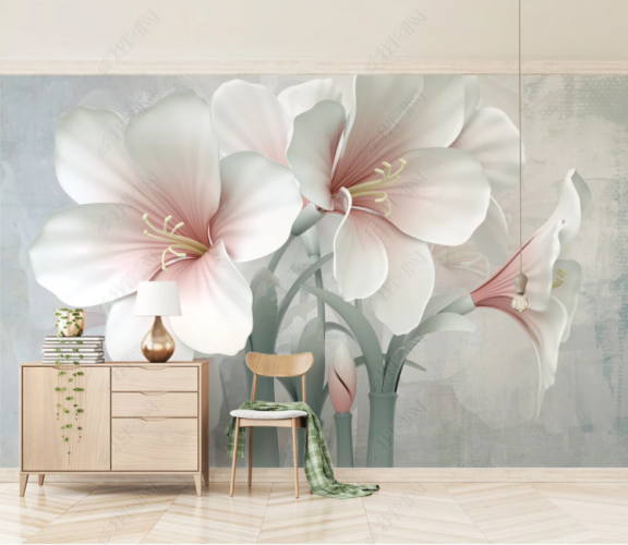 Kabartmalı Çiçek Desenli 3D Duvar Kağıdı - 0
