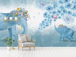 Mavi filler erkek bebek odası duvar kağıdı