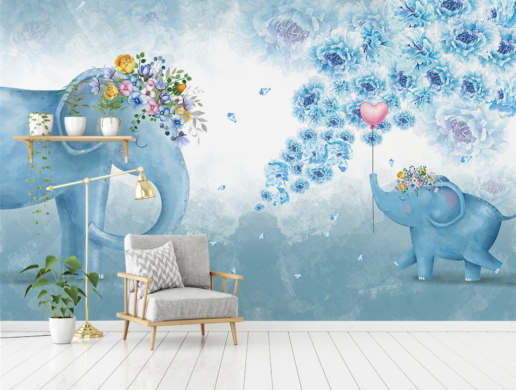 Mavi filler çiçekler çocuk odası duvar kağıdı bebek odası duvar kağıdı