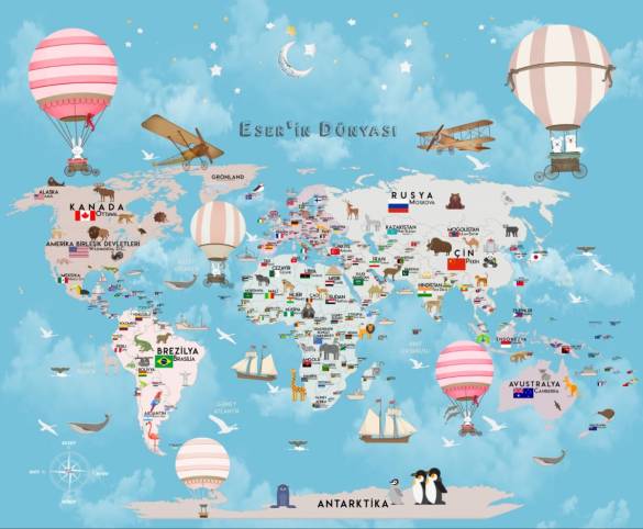 Dünya haritası çocuk odası duvar kağıdı başkentli bayraklı bebek odası duvar kağıdı