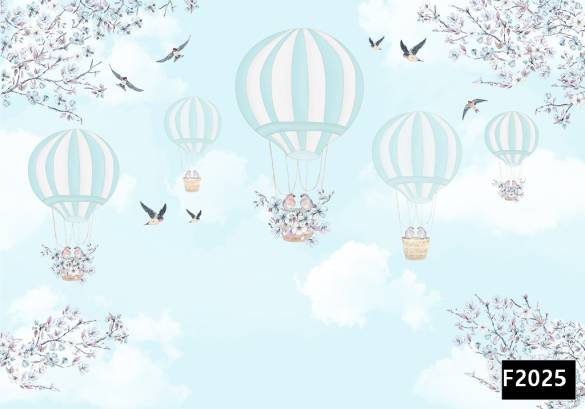 Mavi gökyüzü uçan balonda kuşlar çocuk odası duvar kağıdı f2025 - 0