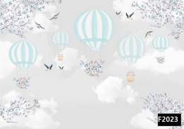 Mavi uçan balonda kuşlar çocuk odası duvar kağıdı f2023