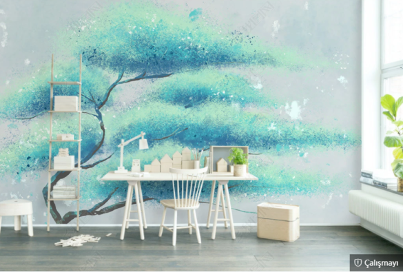 Nane Yeşili El Boyama Tarzı Ağaç 3D Duvar Kağıdı - 1