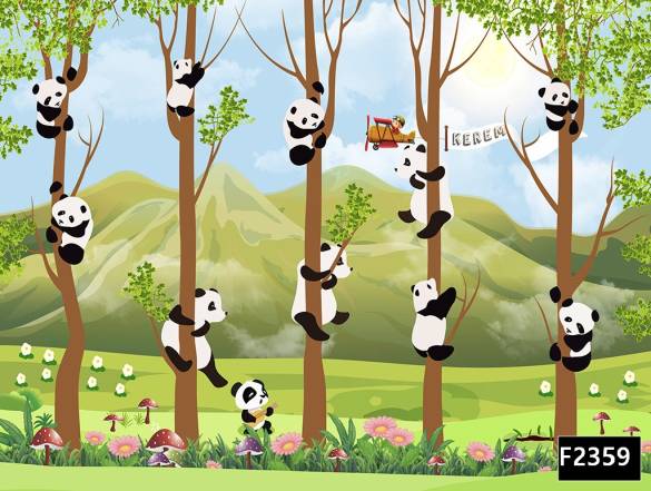 Pandalar ağaçlar dağlar çocuk odası duvar kağıdı f2359 - 0