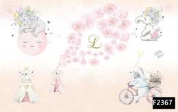 Pembe çiçekler bisikletli tavşan fil çocuk odası duvar kağıdı f2367