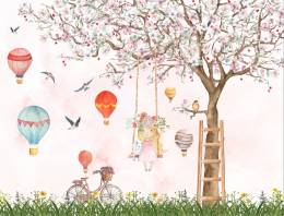 Pembe Çiçekli ağaç salıncaklı kız çocuk odası duvar kağıdı