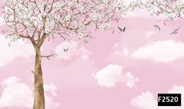 Pembe gökyüzü ağaçta çiçekler çocuk odası duvar kağıdı f2520