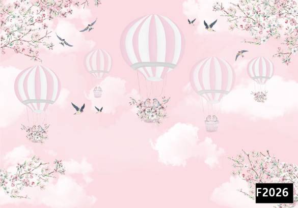 Pembe gökyüzü uçan balon kuşlar çocuk odası duvar kağıdı f2026 - 0