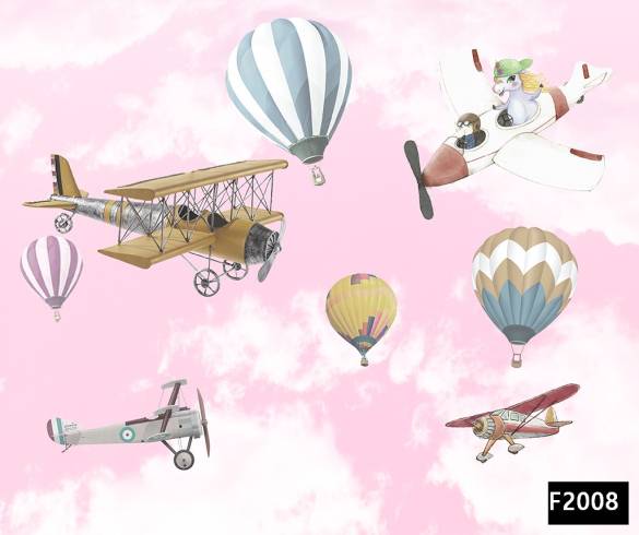 Pembe gökyüzü uçan balon uçak çocuk odası duvar kağıdı f2008 - 0