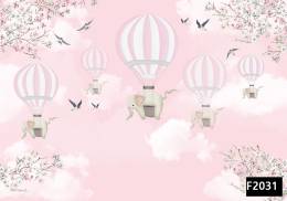 Pembe gökyüzü uçan balonda filler çocuk odası duvar kağıdı f2031
