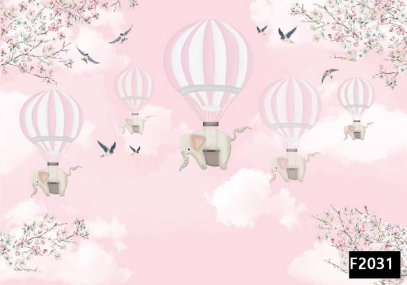 Pembe gökyüzü uçan balonda filler çocuk odası duvar kağıdı f2031 - 0