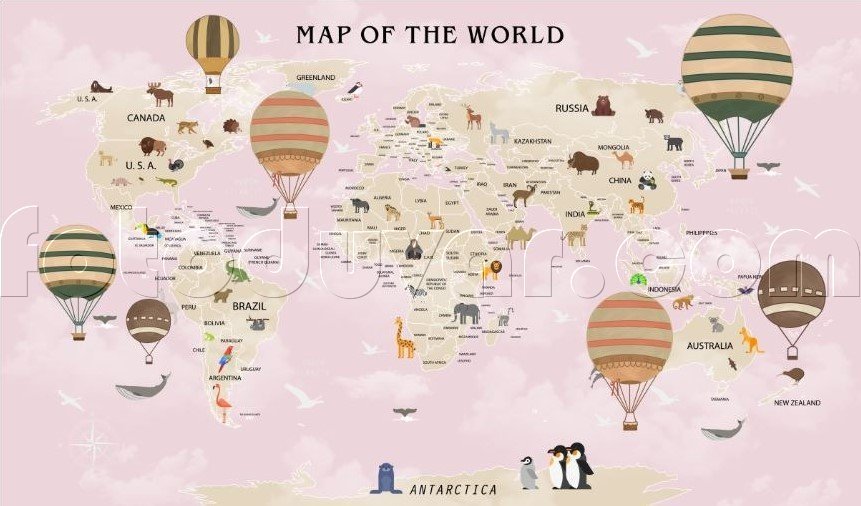 Dünya haritası çocuk odası duvar kağıdı pembe fon bebek odası duvar kağıdı