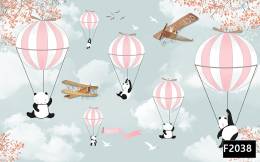 Pembe uçan balon pandalar çocuk odası duvar kağıdı f2038