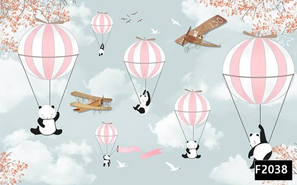 Pembe uçan balon pandalar çocuk odası duvar kağıdı f2038 - 0