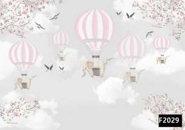 Pembe uçan balonda filler kuşlar çocuk odası duvar kağıdı f2029