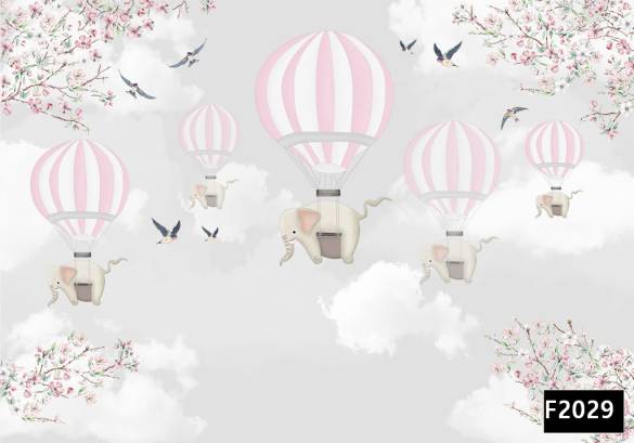 Pembe uçan balonda filler kuşlar çocuk odası duvar kağıdı f2029 - 0