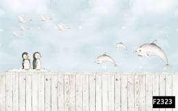 Penguenler kuşlar yunus balıkları çocuk odası duvar kağıdı f2323