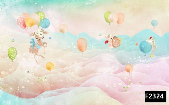 Renkli balonlar hayvanlar çiçekler çocuk odası duvar kağıdı f2324 - 0