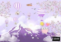 Renkli dağlar uçan balonlar çocuk odası duvar kağıdı f2049