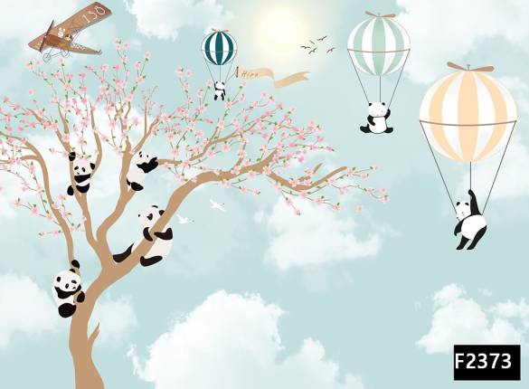 Renkli uçan balon ağaçta pandalar çocuk odası duvar kağıdı f2373 - 0