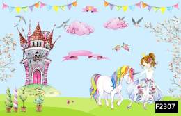 Renkli unicorn prenses şato çocuk odası duvar kağıdı f2307