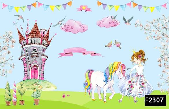 Renkli unicorn prenses şato çocuk odası duvar kağıdı f2307 - 0