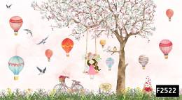 Salıncakta kız bisiklet uçan balon çocuk odası duvar kağıdı f2522