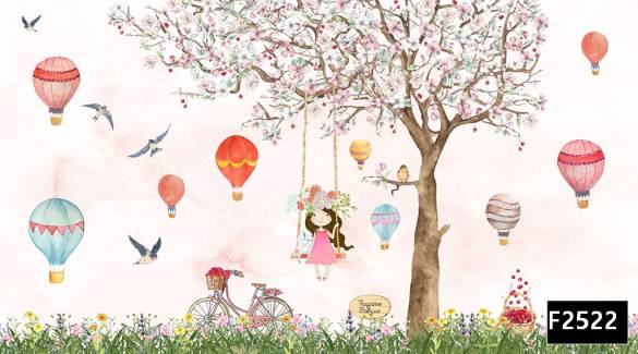 Salıncakta kız bisiklet uçan balon çocuk odası duvar kağıdı f2522 - 0
