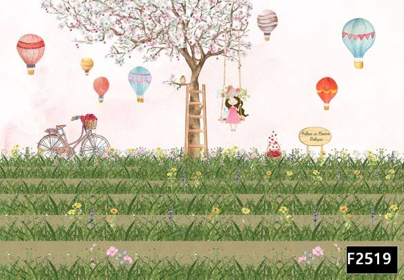 Salıncakta kız çiçekler uçan balon çocuk odası duvar kağıdı f2519 - 0