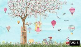 Salıncakta kız renkli uçan balonlar çocuk odası duvar kağıdı f2518