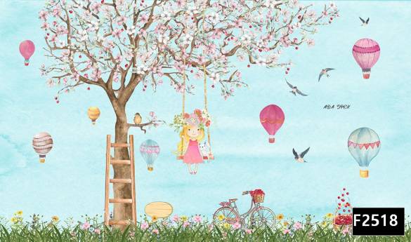 Salıncakta kız renkli uçan balonlar çocuk odası duvar kağıdı f2518 - 0