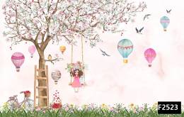 Salıncakta kız uçan balon bisiklet çocuk odası duvar kağıdı f2523