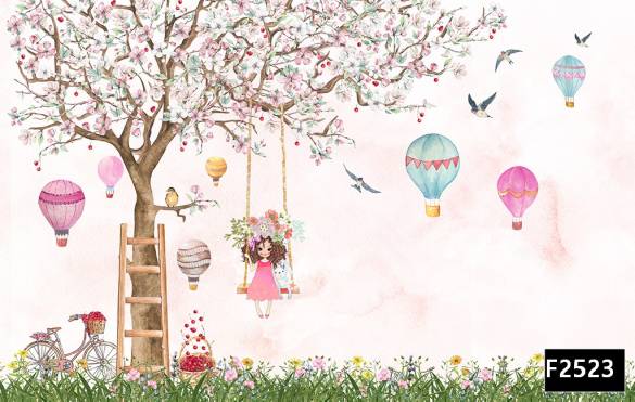 Salıncakta kız uçan balon bisiklet çocuk odası duvar kağıdı f2523 - 0