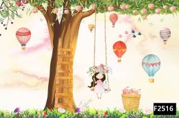 Salıncakta kız uçan balon çocuk odası duvar kağıdı f2516