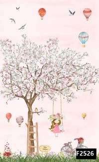 Salıncakta kız uçan balon kuşlar çocuk odası duvar kağıdı f2526