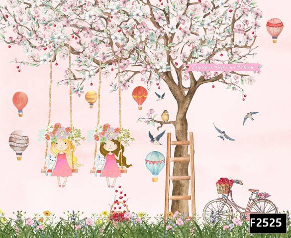 Salıncakta kızlar uçan balonlar çocuk odası duvar kağıdı f2525 - 0