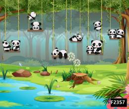 Salıncakta pandalar orman çocuk odası duvar kağıdı f2357