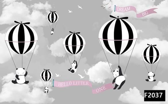 Siyah beyaz uçan balon pandalar çocuk odası duvar kağıdı f2037 - 0