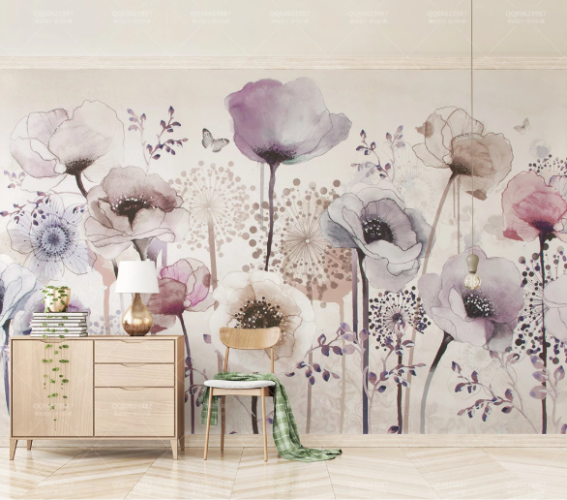 Suluboya el boyaması Leylak Çiçekler TV arkası Duvar Kağıdı - 0