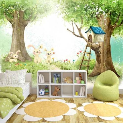 Tavşanlı Ağaç Küçük Ev Duvar Kağıdı bebek odası duvar kağıdı