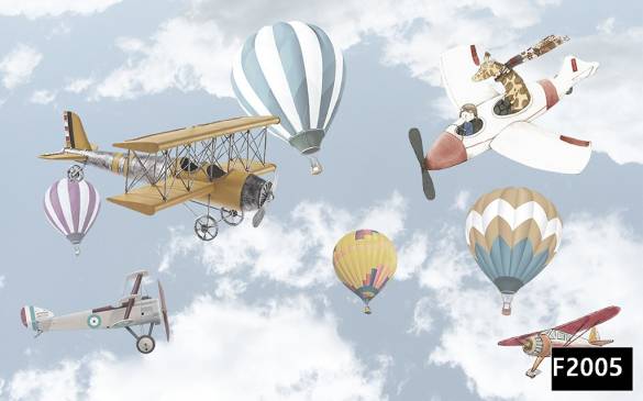 Uçakta hayvanlar uçan balonlar çocuk odası duvar kağıdı f2005 - 0