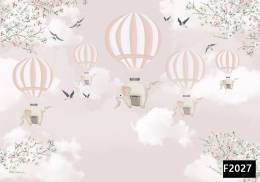 Uçan balon filler kuşlar çiçekler çocuk odası duvar kağıdı f2027