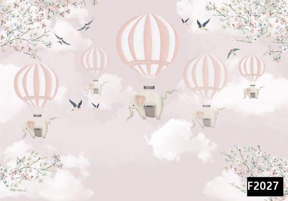 Uçan balon filler kuşlar çiçekler çocuk odası duvar kağıdı f2027 - 0