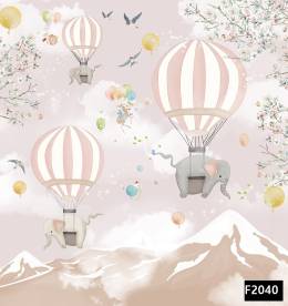 Uçan balonda filler dağlar çocuk odası duvar kağıdı f2040