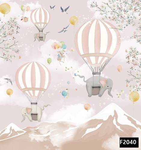 Uçan balonda filler dağlar çocuk odası duvar kağıdı f2040 - 0