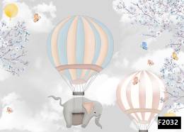 Uçan balonda filler kelebekler çocuk odası duvar kağıdı f2032