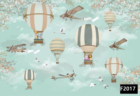 Uçan balonda hayvanlar uçaklar çocuk odası duvar kağıdı f2017 - 0