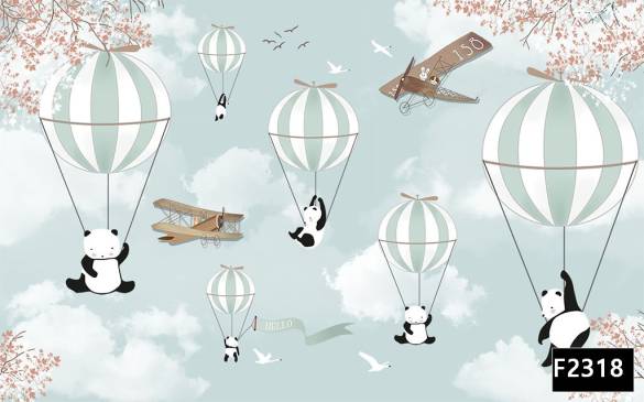 Uçan balonda sevimli pandalar çocuk odası duvar kağıdı f2318 - 0