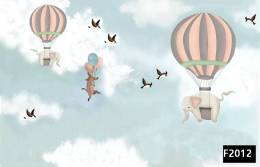 Uçan balonlu fil kuşlar gökyüzü çocuk odası duvar kağıdı f2012