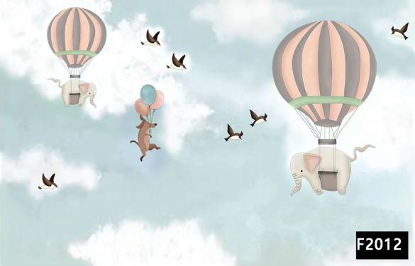 Uçan balonlu fil kuşlar gökyüzü çocuk odası duvar kağıdı f2012 - 0